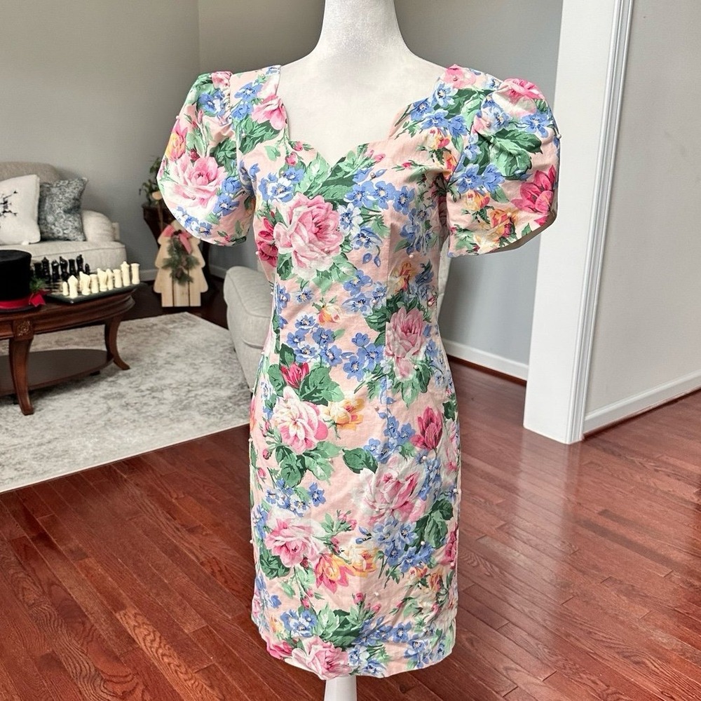 Made for Memories Misty Lane Scalloped Pastel Floral Beaded Pearl Cocktail Dress